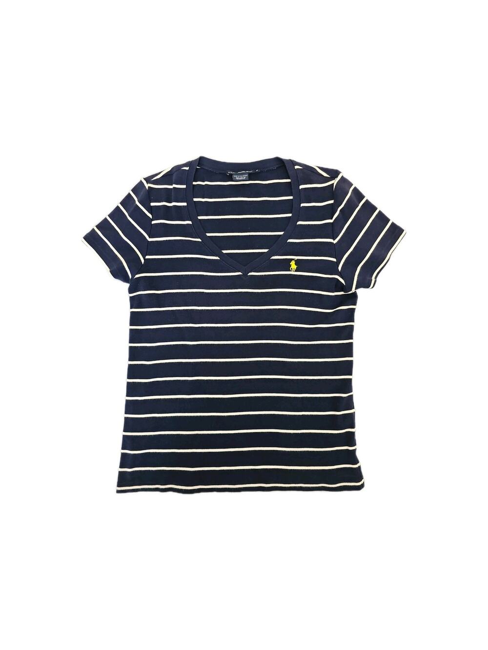 Ralph Lauren Sport V Neck Top Womens XL Navy/White Striped Pony Logo Tshirt